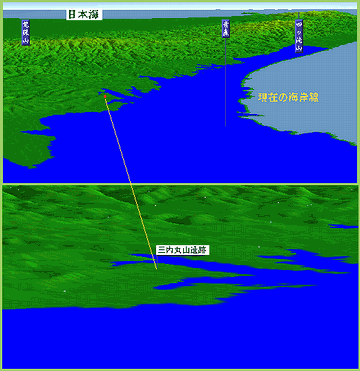 海面が10メートル高くなったときのシミュレーション図。濃い青の部分が、現在の青森市街。すべて海の底となります。