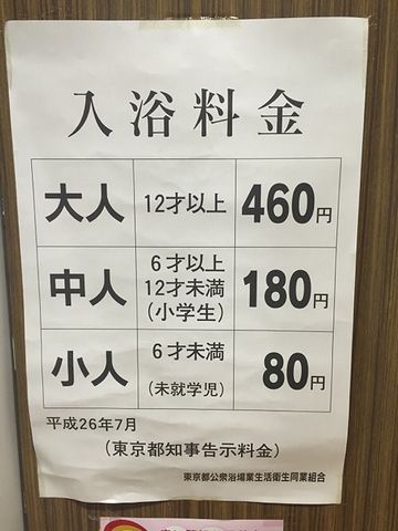 2016年時点での、大人の入浴料金は、460円