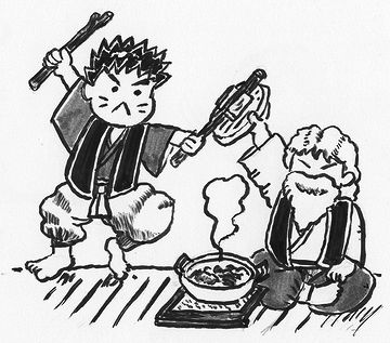 宮本武蔵の奇襲を、鍋の蓋で受け止める塚原卜伝(ぼくでん)