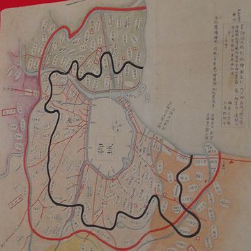 江戸の範囲を表すのが、朱引。その内側の墨引は、町奉行所支配の範囲です。