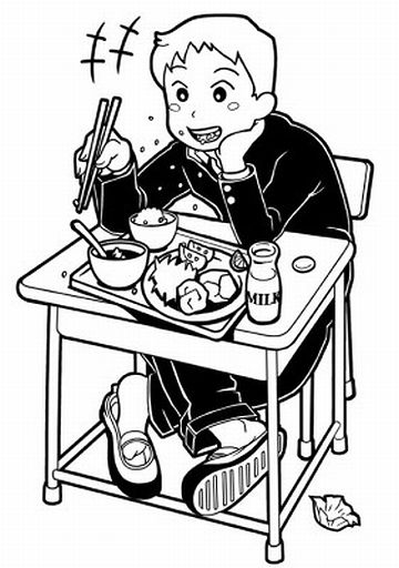 平たいお弁当を机に置き、肘を着いて食べてる