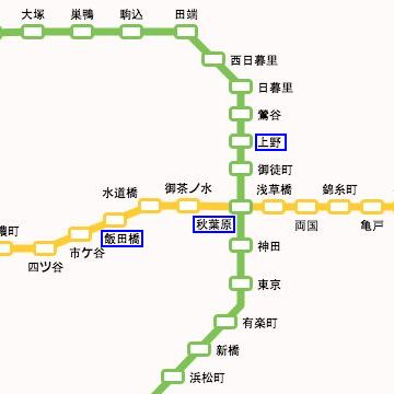 『飯田橋→水道橋→お茶の水→秋葉原（乗り換え）→御徒町→上野』