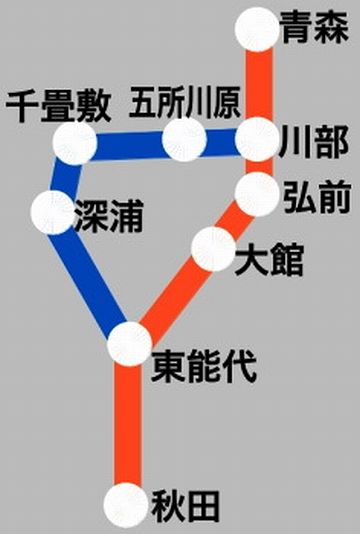 青が五能線、赤が奥羽本線