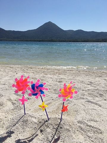 湖の砂浜に、風車が回ってる風景