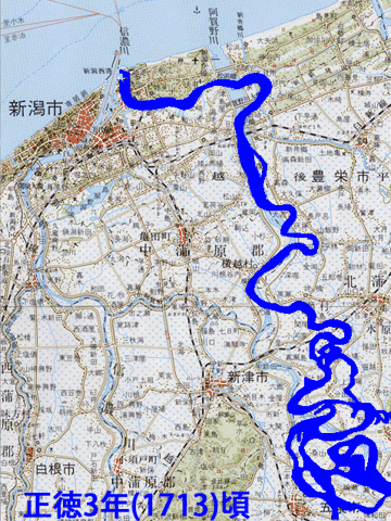 青の手描き線が当時の阿賀野川の流路