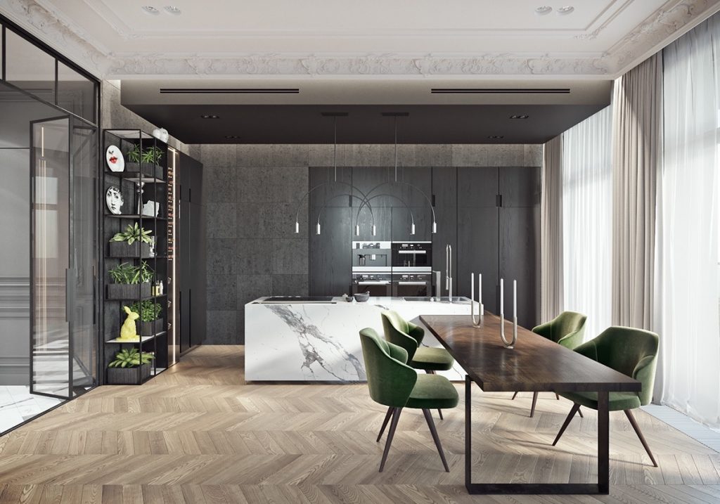 nội thất nhà bếp đẹp với đá marble.