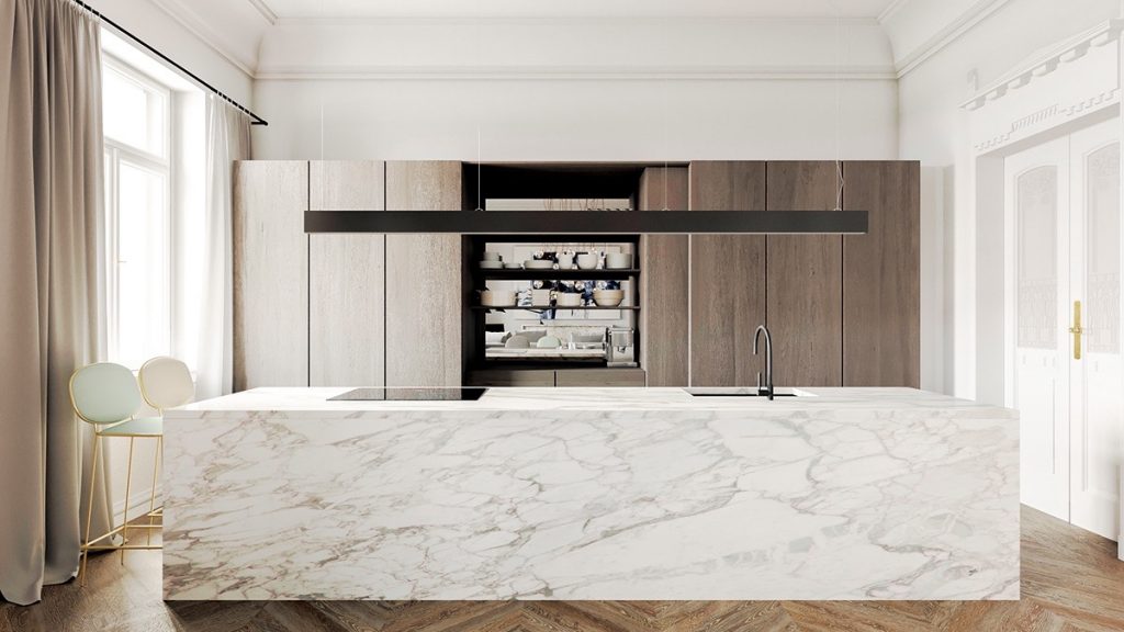 nội thất nhà bếp đẹp với đá marble.
