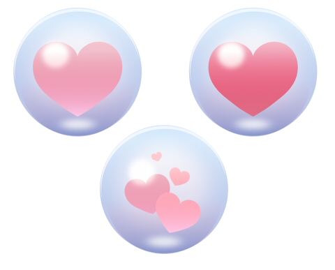 透明なガラス玉の内側にピンクや赤のハートが入っている無料イラスト素材