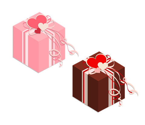 ハートとリボンの付いたプレゼントボックスイラスト　ピンクとチョコ色