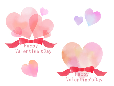 バレンタインイラスト素材リボンハート水彩風　Happy Valentine's Dayの文字