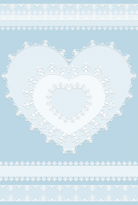 レース風ハートとリボンのフリー素材 くすんだブルーの背景に、白レースの装飾
