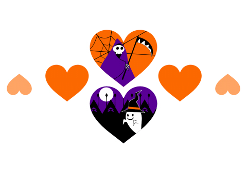 ハロウィンイラストのフリー素材　鎌を持った死神と、帽子をかぶったオバケ