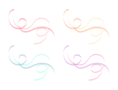 クルクルと流れてうねるリボンのようなハートのライン抽象的なイメージ素材　色はピンクとオレンジ、ブルー、パープル