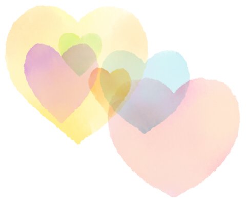 水彩風のハートマークを、適当に並べて重ねたイラスト素材