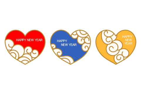 happynewyearの文字が入った3色のハートマーク素材