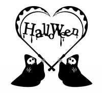 ハロウィン白黒イラスト素材　死神の鎌ハート