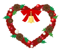 赤いクリスマスリースのイラスト素材ハート型のリースにリボンとベル