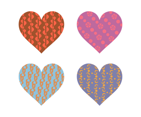 様々なパターン模様のハートマーク　茶色等地味な色合い