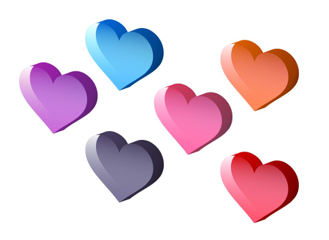 フリー素材透明感と立体感のあるハートマーク色はピンク、紫と赤、黒、水虫とオレンジ