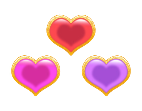 立体的なハートのアイコンイラスト 装飾の入った金色の枠に、透明感のあるガラスのようなハートがはまっている レッドとピンク、パープルのバリエーション