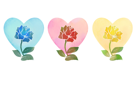 バラのイラストハート手描き水彩風フリー素材青とピンク、黄色