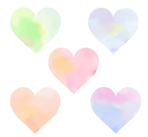 水彩風のハートマーク透過フリー素材　グリーン～ブルー、ピンクなどの透け感がある淡い色合い