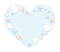 貝殻とヒトデイラストのハートフレーム水色