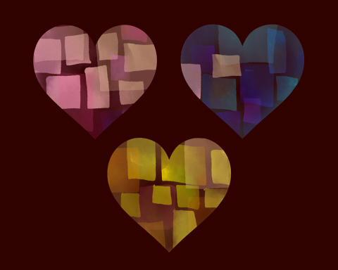 サンプル水彩風重なる四角模様のハートマークピンクと黄とブルー