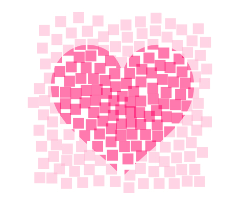 ランダムな四角いドット上に、濃淡でハートが浮かび上がるイメージピンク色透過pngのフリーイラスト素材