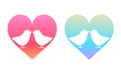小鳥のつがいイラスト ピンクとブルーのハートマークに向き合う二羽の小鳥が白抜きされている