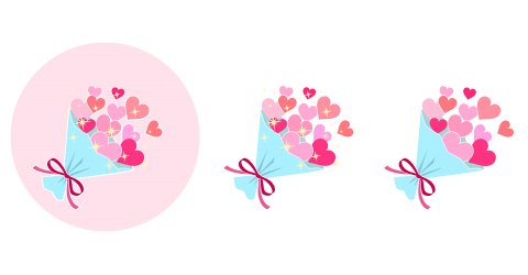 ピンク色のハートを、花束のようにまとめ、赤いリボンを結んでいるイラスト素材