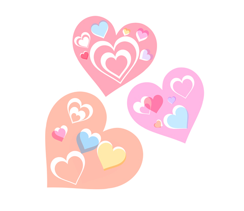 カラフルハートイラスト素材　淡いピンク・オレンジ色のハートマークに小さなハートが重なっている