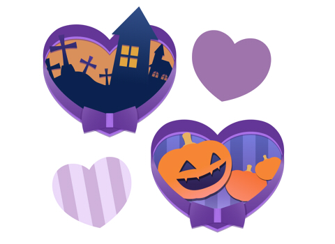 フリー素材ハロウィンイラスト紫のリボンとおはかとかぼちゃ