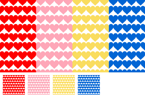 ハートのシームレスパターン素材　赤やピンク、黄色、青色の大小ハートマークが一面に並んでいます