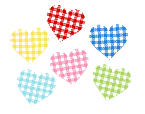 ギンガムチェックハートマーク素材赤・青・黄色・緑・水色・ピンクの六色
