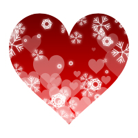 白い雪の結晶模様が入った赤いハートマーク