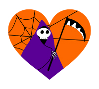 ハロウィンイラスト素材死神と鎌、蜘蛛の巣のハート