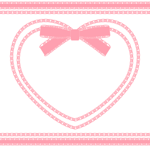 フリー素材のハートフレームピンク　リボン装飾と二重枠、レース風ライン