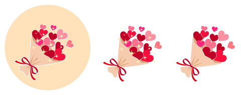 ハートの花束 赤・ピンク・赤茶色のハートをリボンと包装紙で束ねたイラスト素材