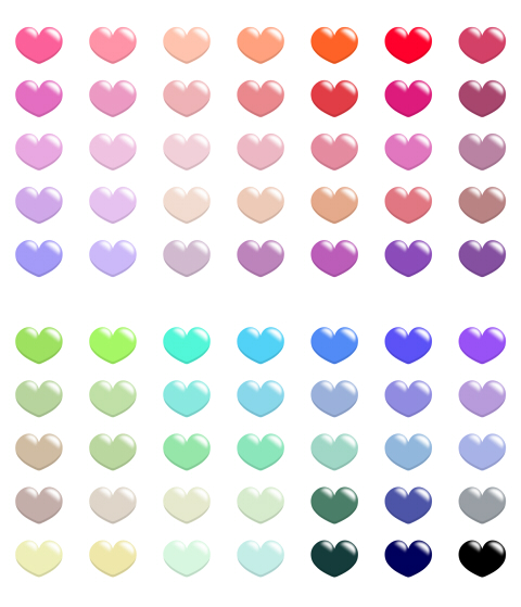 小さいハートアイコンのフリー素材　赤系からベージュ、カーキ色など多数のカラーバリエーション