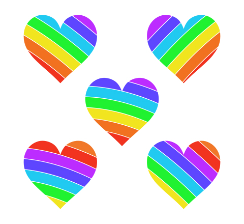 フリーの虹色ハートマーク素材　赤とオレンジ、黄色、緑、水色、青、紫の七色レインボー