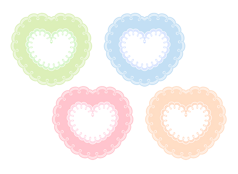 二重枠の装飾ハートフレーム　黄緑とブルー、ピンク、オレンジの4色