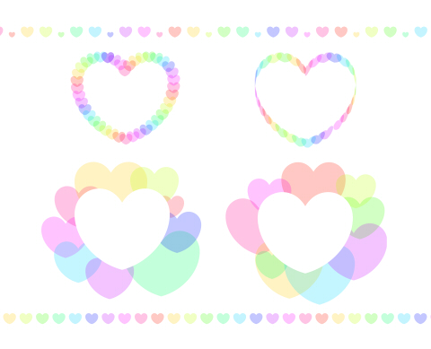 カラフルなハートのミニフレームとライン 淡い色のピンクや黄色、黄緑、水色などのハートを重ねたフリー素材