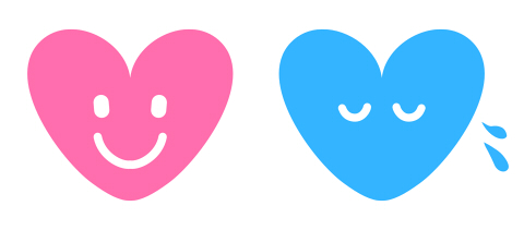 ニッコリ笑顔マークと、しょんぼり顔+汗マークのついたピンクと青のハート