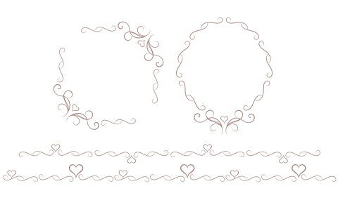 ブラウンカラーの細め蔓模様とハートモチーフの装飾素材 四角フレームと楕円形フレームとライン素材二種
