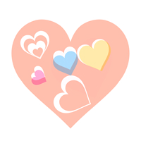 オレンジのハートに小さなカラフルハートが重なるイラスト素材