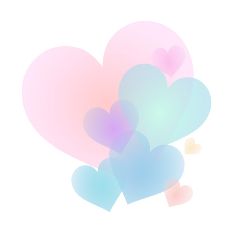ファンシーなパステルカラーのハートマークが透けて重なっているイラスト