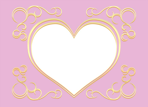 金色ハートフレームの無料素材　落ち着いた色合いのピンク背景に、白抜きハートと装飾模様
