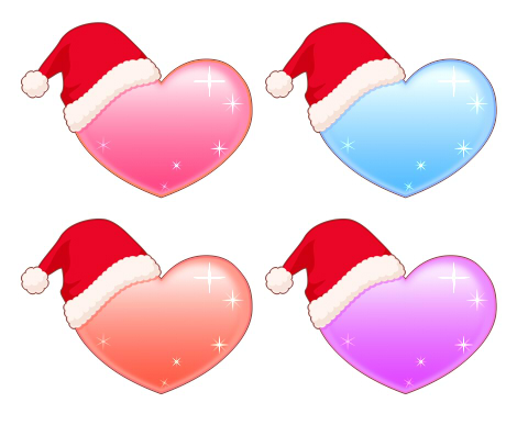 サンタの帽子をかぶったハートのイラスト素材 色はピンクと水色、オレンジ、薄紫