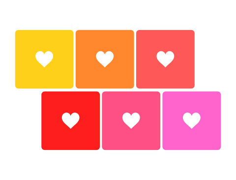 シンプルな白抜きのハート素材　黄色とオレンジ、赤、ピンク